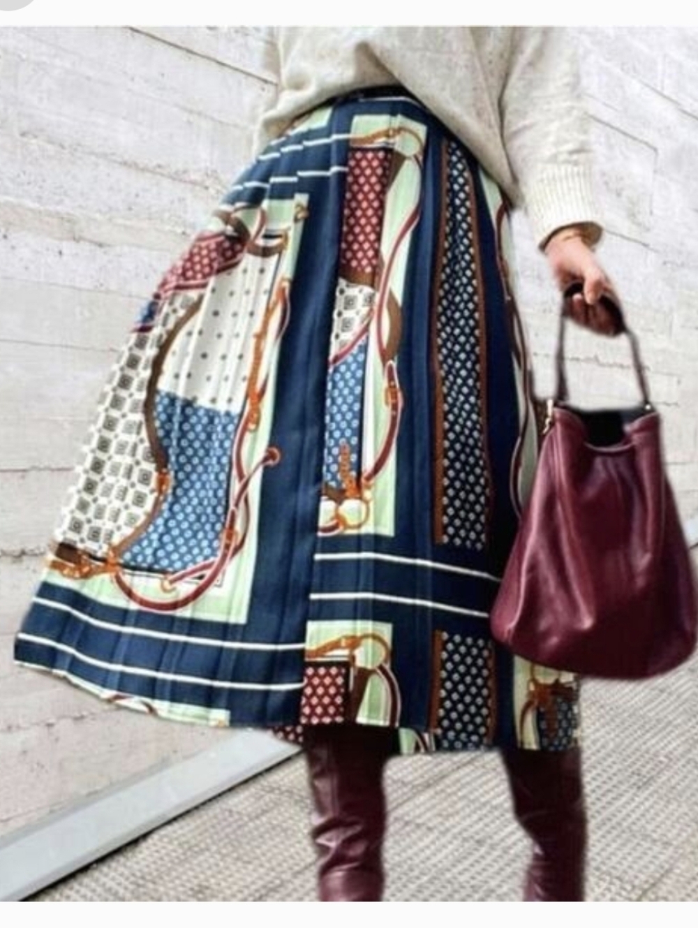 Zara Equestrian Scarf Print Pleated Midi Skirt Sz M Belt Chain Old Money